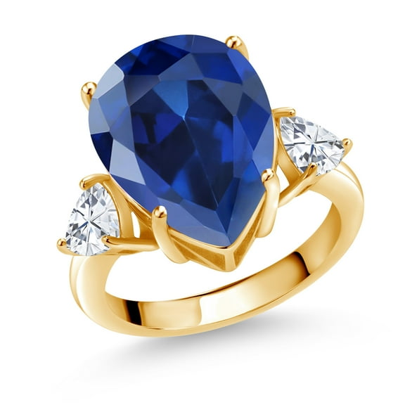Gem Stone King 18K Yellow Gold Plated Silver 3-Stone Ring Pear Shape Blue Created Sapphire and Moissanite (11.14 Cttw, Size 5)