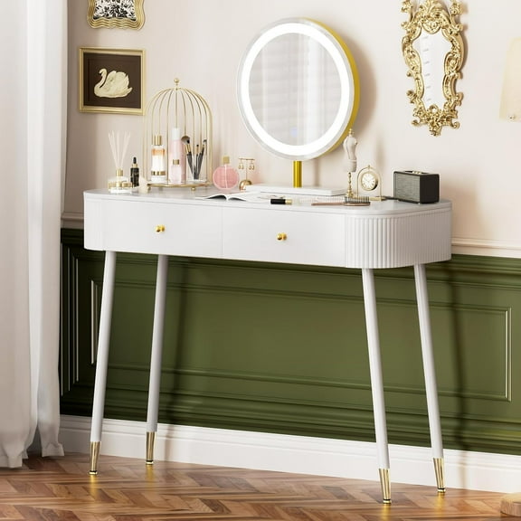 WinZo 40" Vanity Desk with Mirror and Lights, Small Makeup Vanity Table with 2 Storage Drawers and Charging Station, 3 Color Touch Screen Stylish Dressing Table for Small Spaces & Bedroom, White