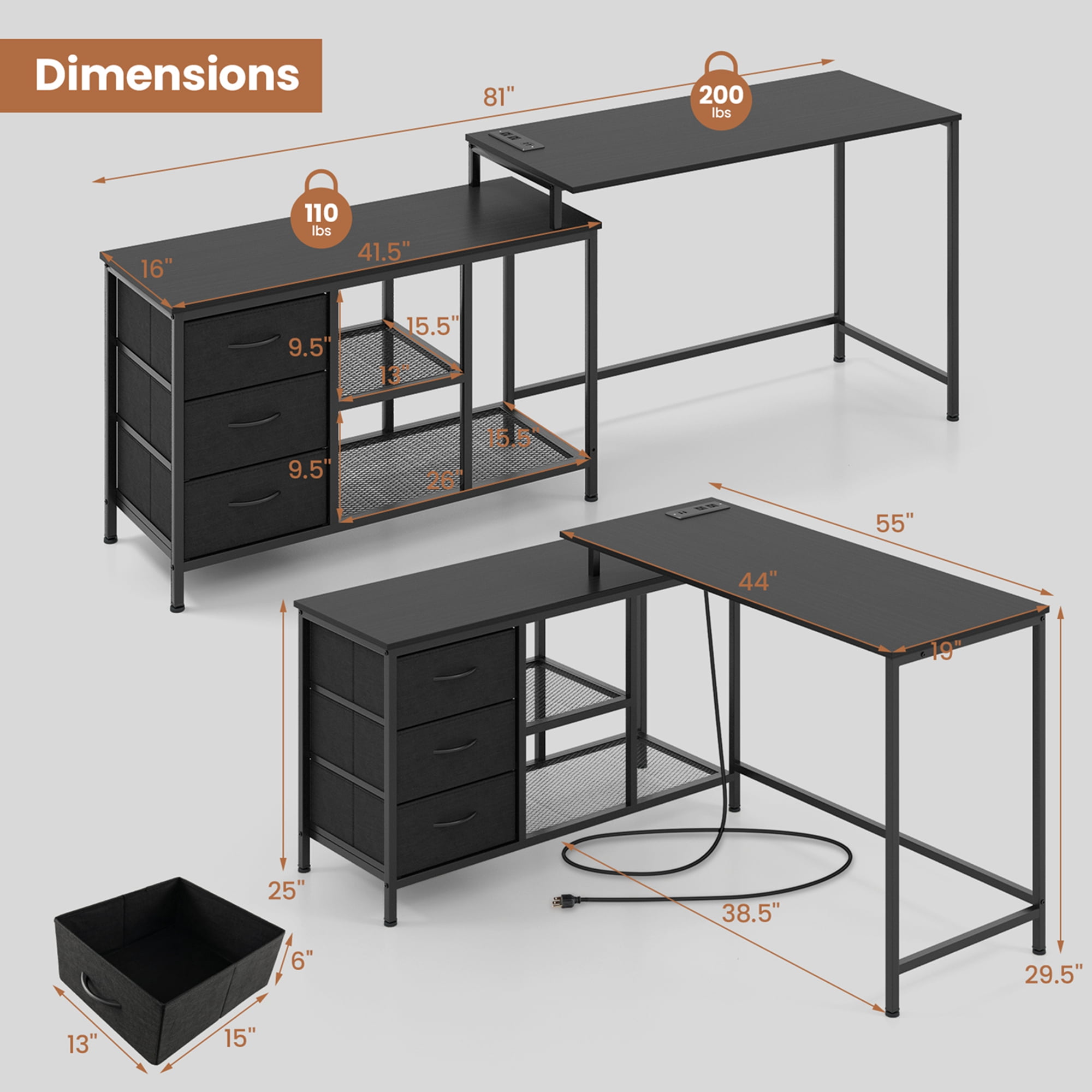 Costway L-shaped Computer Desk with Power Outlet, Fabric Drawers, Metal Mesh Shelves Black