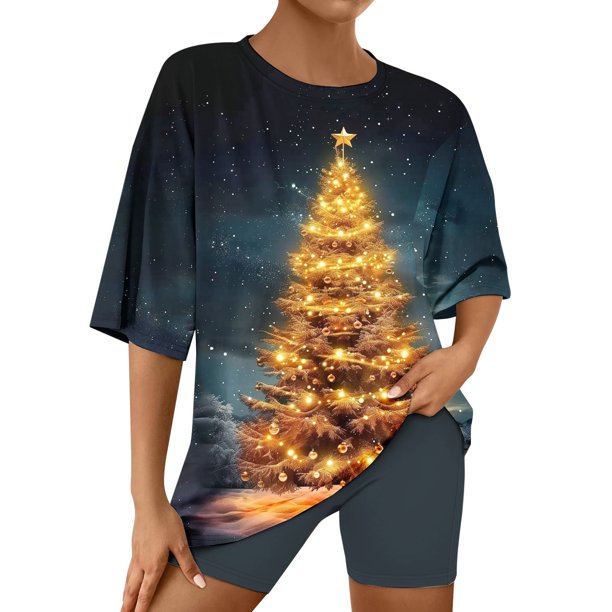 Puntoco Ropa de dormir para mujer Conjunto de camiseta y pantalones cortos de manga corta con cuello redondo y estampado navideño para mujer Ropa de estar por casa