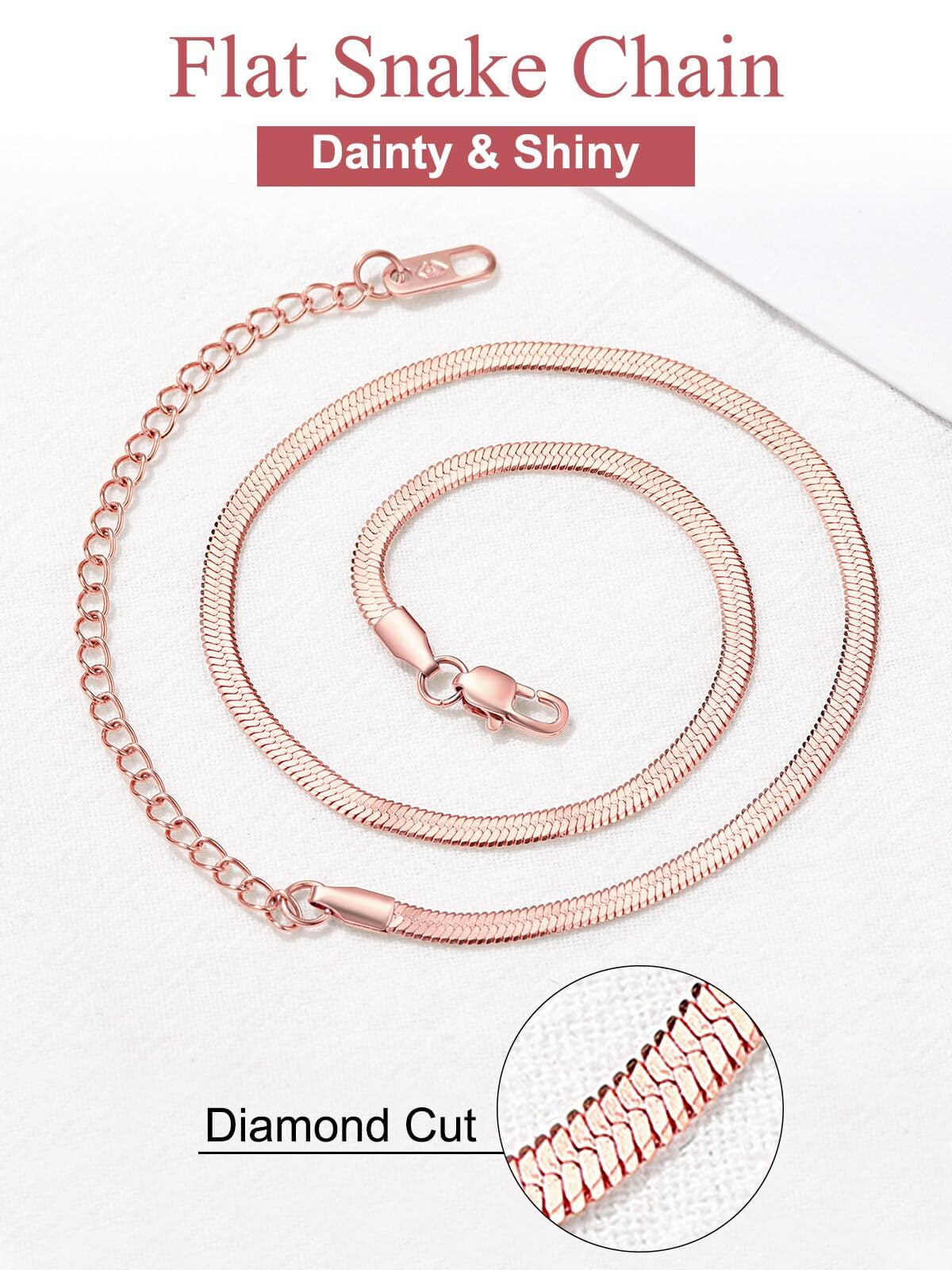 FOCALOOK Flat Snake Chain for Women Stainless Steel Rose Gold Plated Herringbone Choker Necklace Jewelry Birthday Christmas Valentine's Day Gifts 3MM 18 Inches