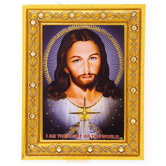 Bm Traders Jesus The Light Of World Golden Art Work Colour Photo In Golden Wall Hanging-/-TableTop Frame (7.50 X 9.50 Inch) OR (19.05 X 24.13 Cm) Religious Gifting