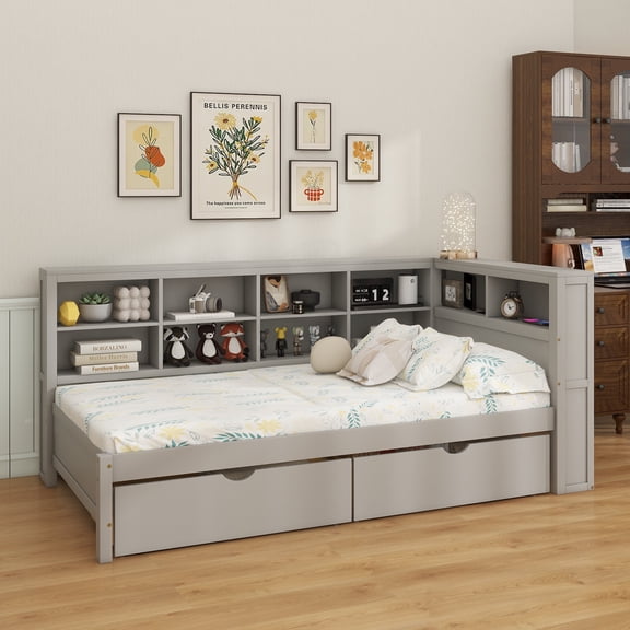 Wooden Twin Size DayBed with 2 Drawers, DayBed with Storage Shelf and USB Charging Ports,Grey