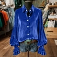 thumbnail image 2 of HAPIMO Women's Velvet Tops Long Sleeve Lapel Shirts Ruffled Bell Sleeve Button Down Shirt Retro Elegant Office Casual Tops Blue XL, 2 of 7
