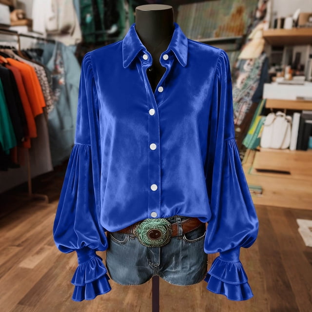 Ounisa Women's Velvet Tops Dressy Casual Long Sleeve Smocked Work Blouses Trendy Blusas Elegantes Button Down Shirts
