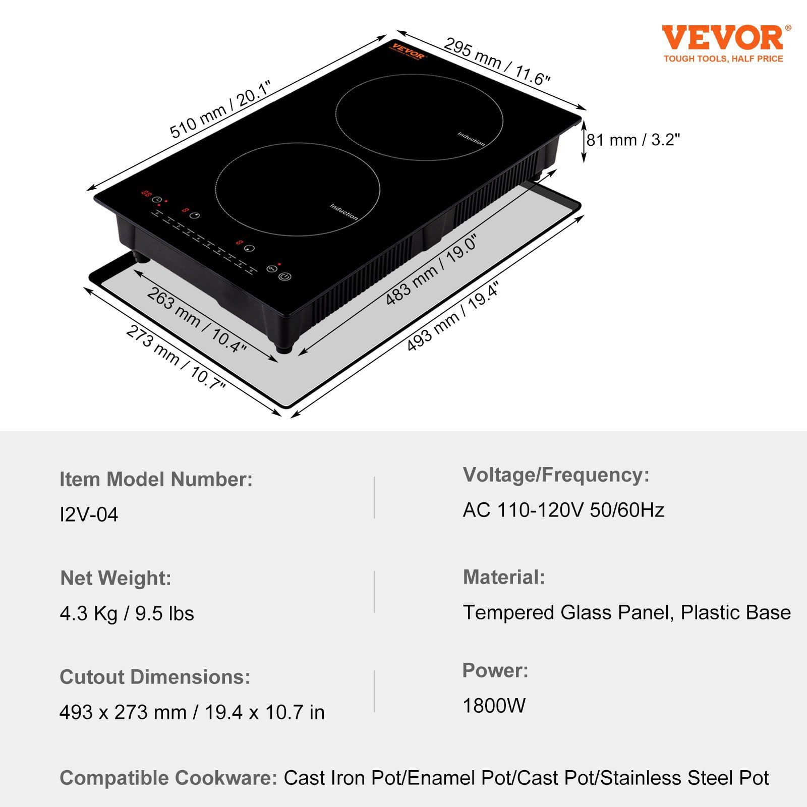 2-Zone Induction Cooktop, 12'' Built-in 1800W Magnetic Heating System, 9-Level Precision Cooking, LED Touch Screen with Easy Child Lock and Comprehensive Over-Temperature Protection