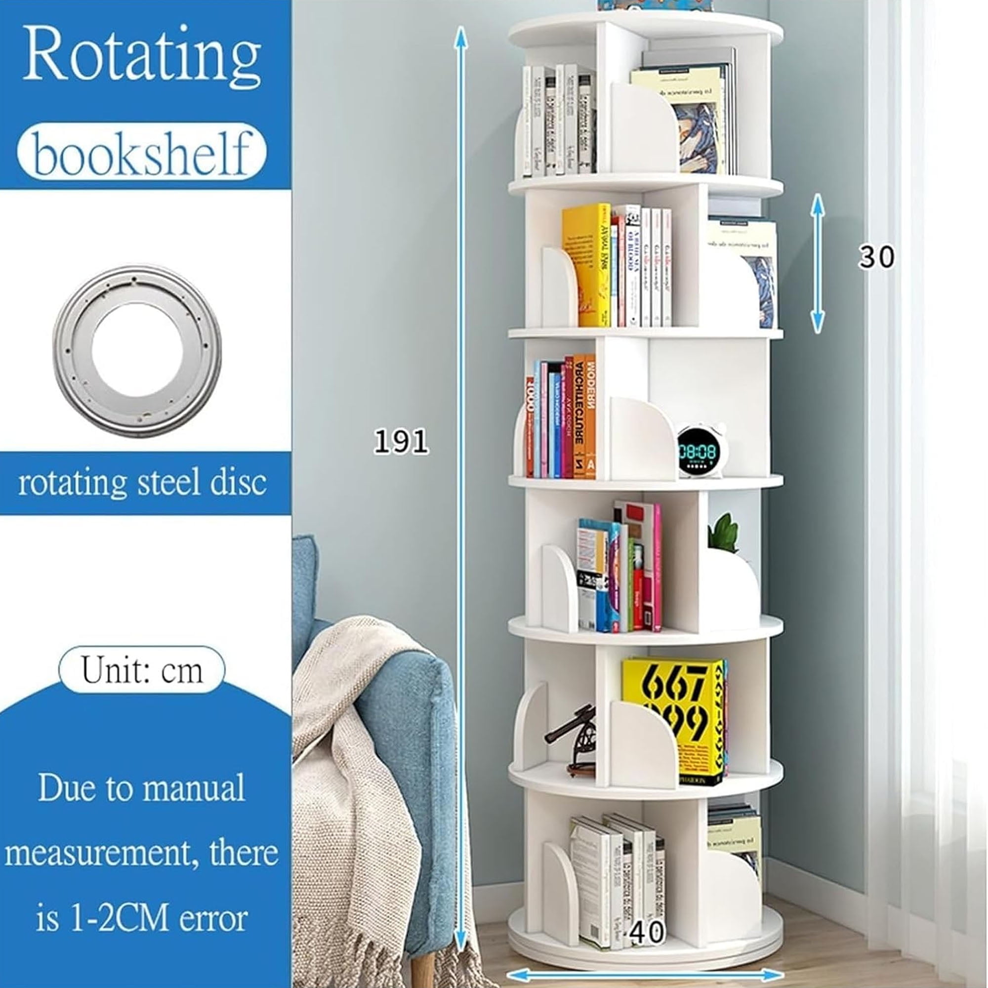 IAJXWI 6-Tier Wooden Rotating Bookcase, 360° Revolving Display Rack with 24 Shelves, White 74"x18"x18"