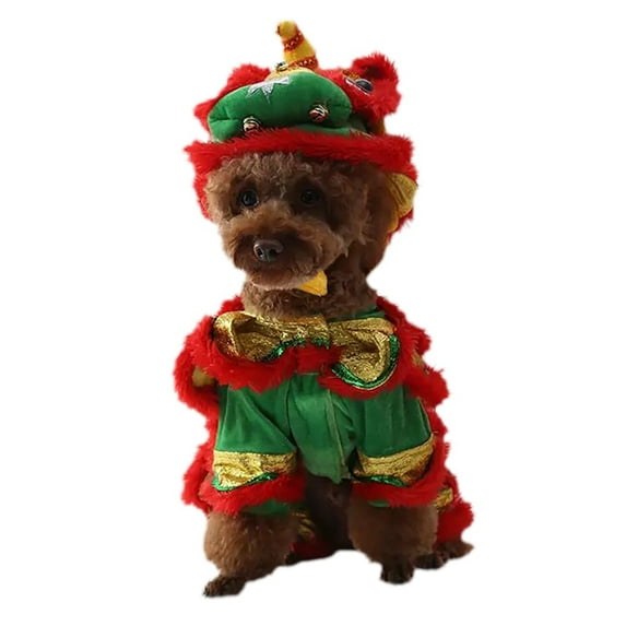 Baywell Dog Dance Lion Costume with Yellow Sequins New Year Pet Costume Four Legs Hoodies for Small Cats Puppy Red M-XL