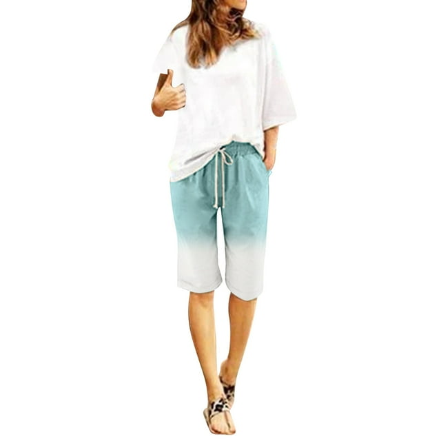Kcodviy Women Gradient Print Solid Plus Size Stretch Pants Color Cotton Flax Elastic Yoga Pants Plus Sized Long Pants Beach Leisure Womens Plus Size Sweat Suits Trousers