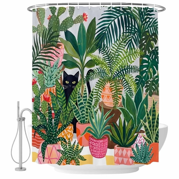 Small Stall Shower Curtain 36x72 Inch Narrow Half Size Summer Pink Green Bath Curtains Bathroom Decor, Tropical Plants Cactus Black Cats Waterproof Fabric Shower Curtain Set with Hooks 36 Inch