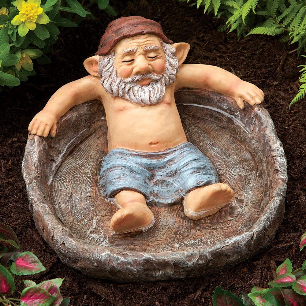 Bits and Pieces - Gnome Relaxing Pool Birdbath Statue - Whimsical Polyresin Garden Decor, Outdoor Elf Sculpture for Patio, Yard or Poolside, 12" Wide