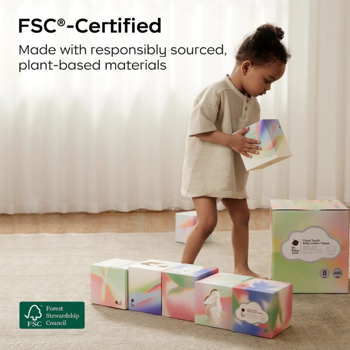 Bc Babycare Baby Lotion Tissues - 8 Cube Boxes, 5-Ply Ultra Soft Hypoallergenic, Plant-Based Fibers,60 Tissues per Box