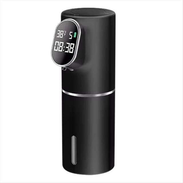 dispensador de jabón inteligente de 5 velocidades, sin contacto, 320 ml con pantalla LED frontal que muestra temperatura y tiempo. Vista frontal centrada de cilindro ABS color Morado con boquilla inferior, ventana de nivel de líquido y panel digital ovalado que indica modo y nivel; tamaño aprox. 98 x 77 x 211 mm, adecuado también para dispensar champú o jabón en lavabo, baño de hotel o baño público.