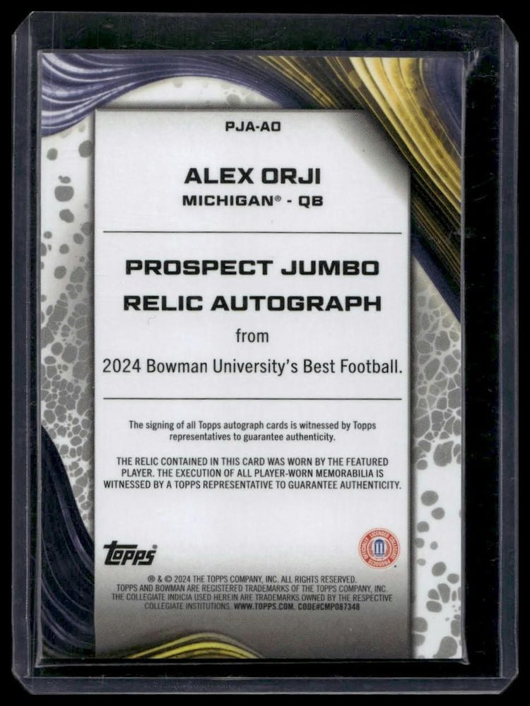 2024 Bowman University Best Alex Orji #PJA-AO Prospect Jumbo Relic Autographs Second Honor Roll SN,MEM,AU