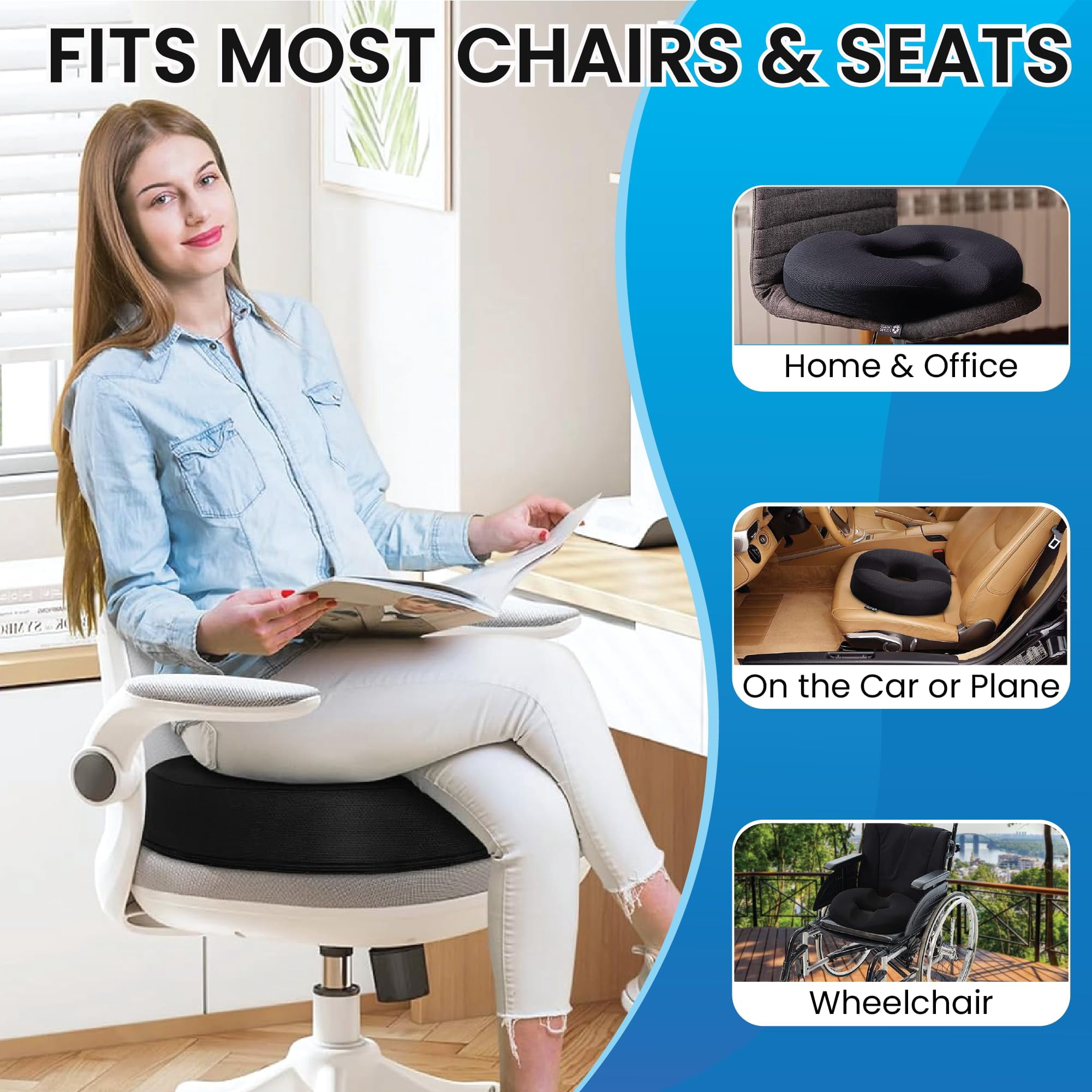 Qutool Donut Pillow for Tailbone Pain Support, Hemorrhoid Cushion, Orthopedic Memory Foam Seat Cushion, Black
