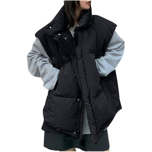 Rohuuque Women's Puffer Vest Sleeveless Zipper Down Vest Stand Collar Thickened Padded Outerwear with Pocket Casual Wear Black