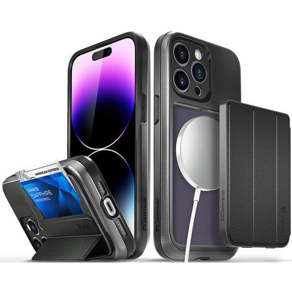 VENA vCommuteX Detachable Wallet Case For iPhone 14 Pro Max (6.7"), (Magsafe Compatible, Military Drop Protection) Leather Cover Card Slot Holder with Kickstand (UPDATED VERSION) - Space Gray / Black