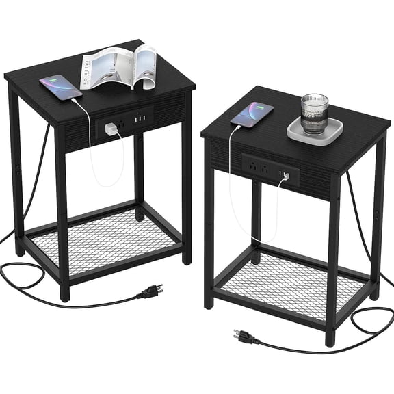 Side Table with Charging Station, Set of 2 End Tables with USB Port and Outlets, Nightstands with 2-Tier Storage Shelves, Sofa Table for Small Space, Living Room, Bedroom Black