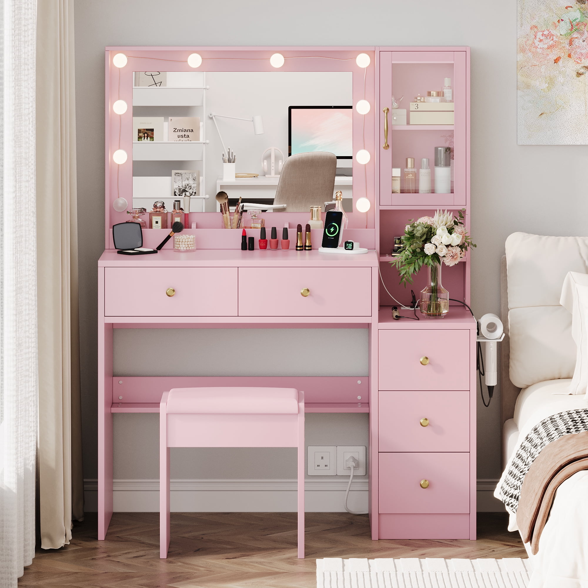 TOKSOM Pink Vanity Desk with Mirror and Lights, Cute Makeup Vanity with Charging Station & 5 Drawers, Acrylic Cabinet Dressing Table with Stool, Gift for Girls & Teens