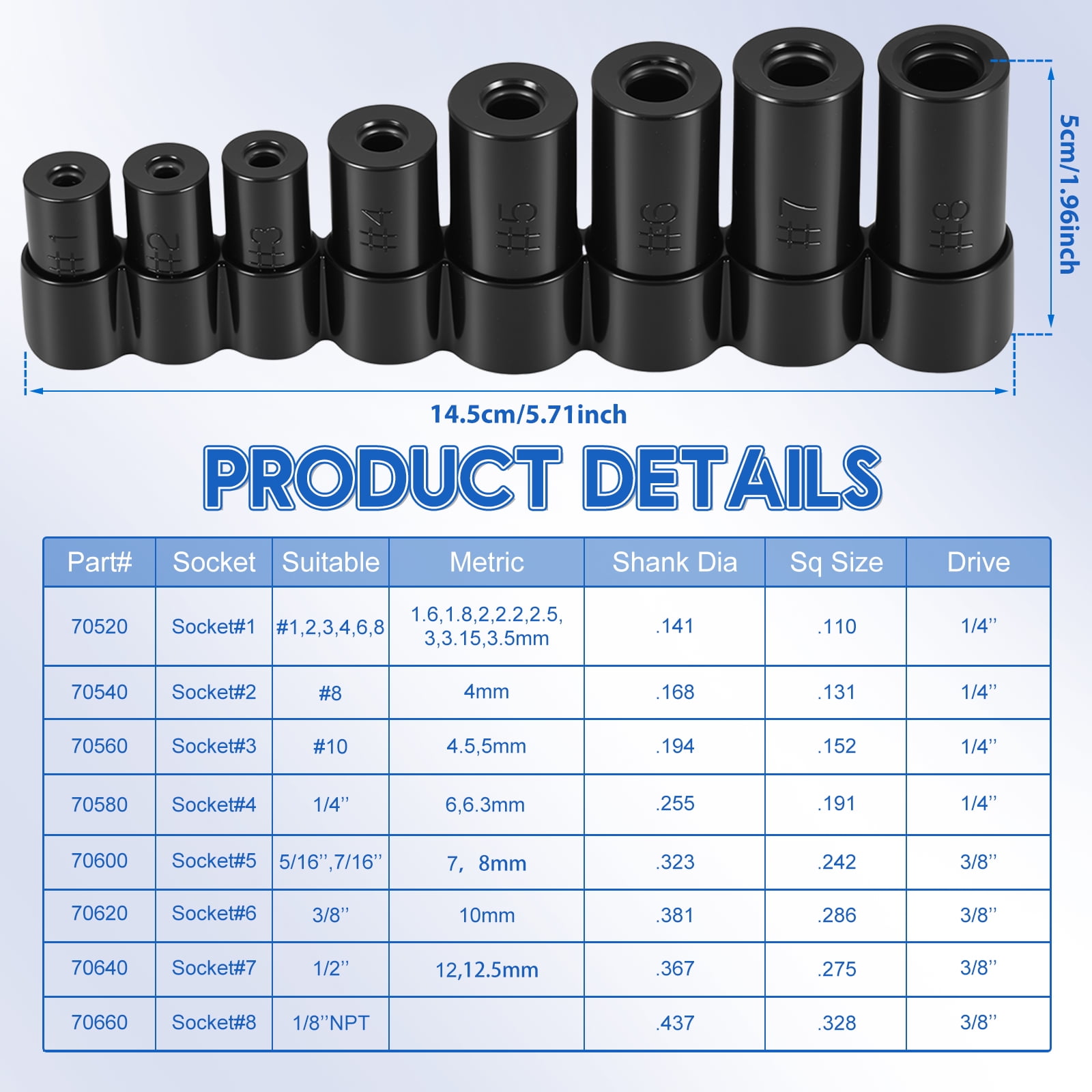 TMWEFUSC 8 Pcs Tap Socket Set 1/4" & 3/8" Drive Size Labeled Adapter for Ratchet Wrench T Handle Extension Bar