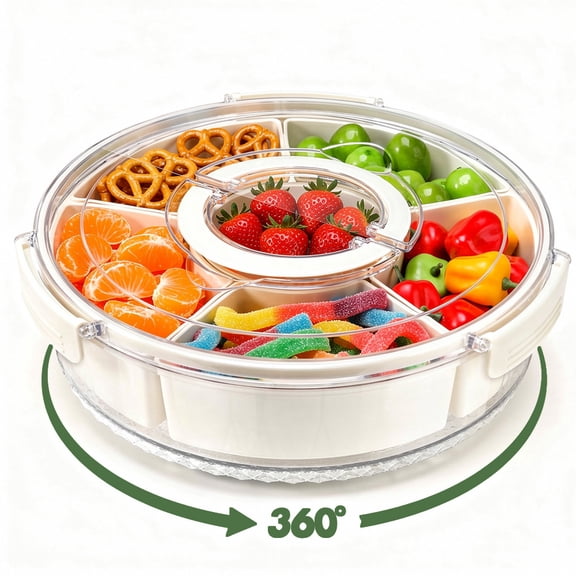 Januofit Rotating Divided Serving Tray with Lid and Handle, Snack Tray with Lid for Fruits Snacks Veggie Charcuterie Cheese – Portable for Picnic Travel Party Camping(1PCS, 12" L)