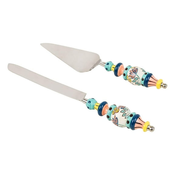 Chumbak Folk Floral Cake Server Set, Blue, Hand-Painted Ceramic Handles