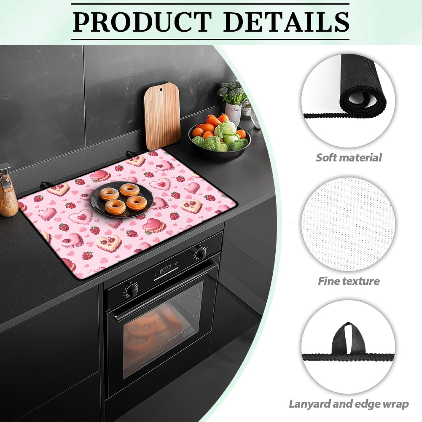 SEANATIVE Stove Top Cover for Gas Stove Foldable Ceramic Top Stove Cover Heat Resistant Glass Cooktop Cover Washer Dryer Top Mat Range Cover, Berry Love Heart Shaped Cake Pink Valentine's Day