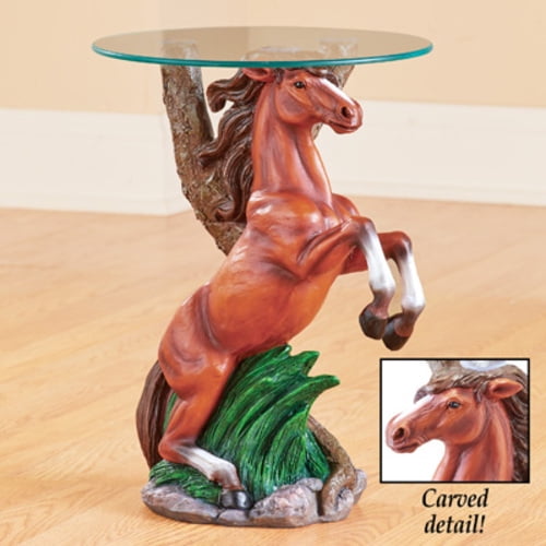 Western Horse Sculpture Accent Table with Glass Top