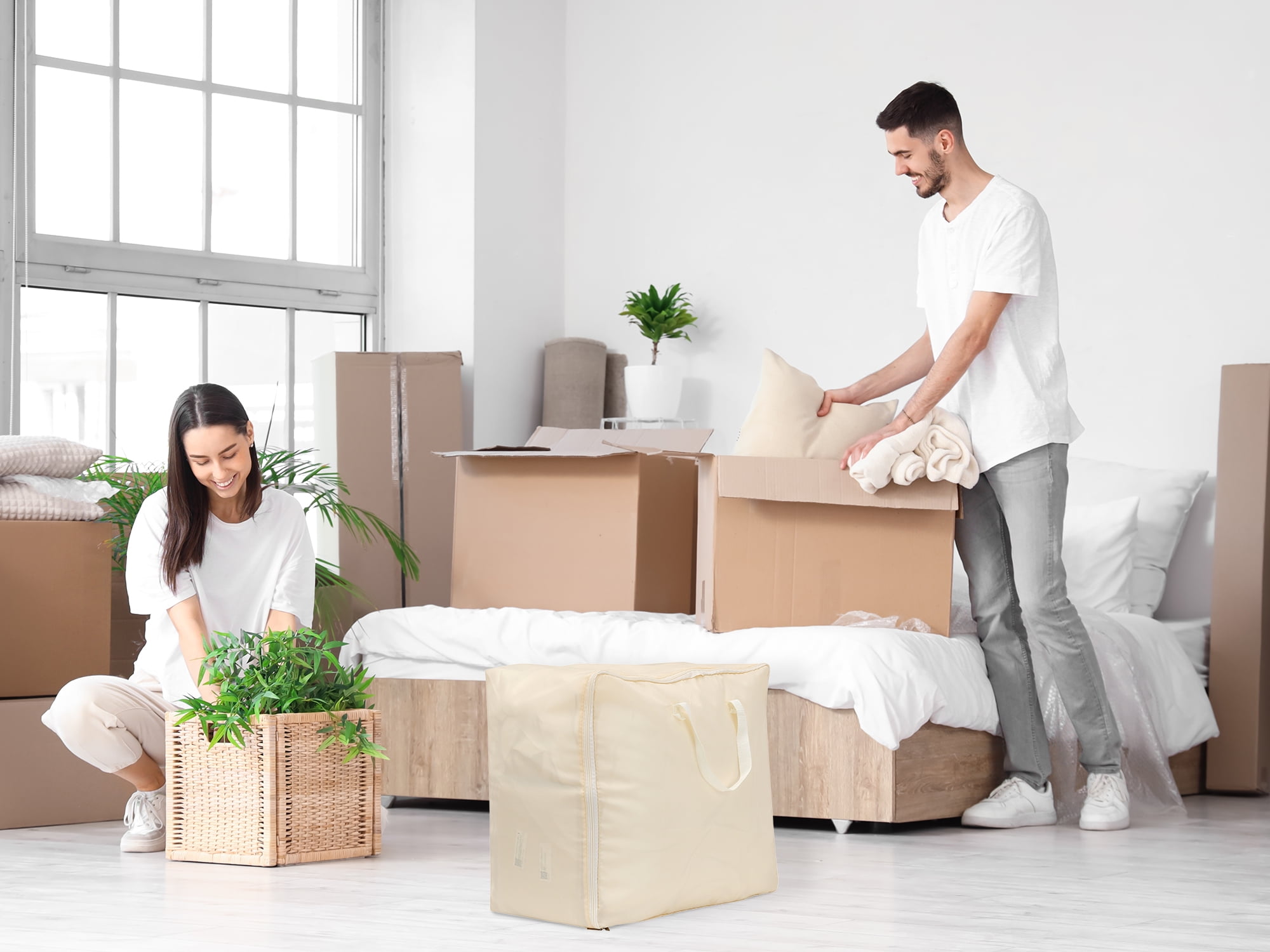 Unique Bargains Foldable Clothes Storage Bags with Handles Beige 23.5*19.5*11in