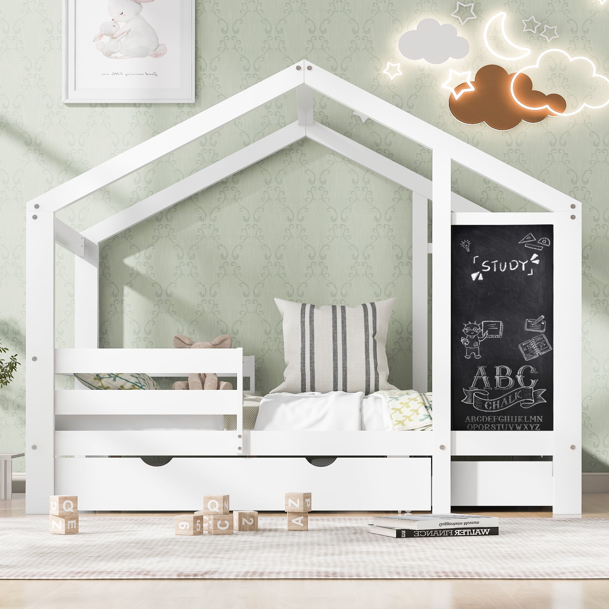 Bellemave Twin Size House Bed with Storage Drawers and Blackboard Playhouse Platform Bed with Guardrails and Wooden Slats Montessori Twin House Bed ,  Assembly Options, White