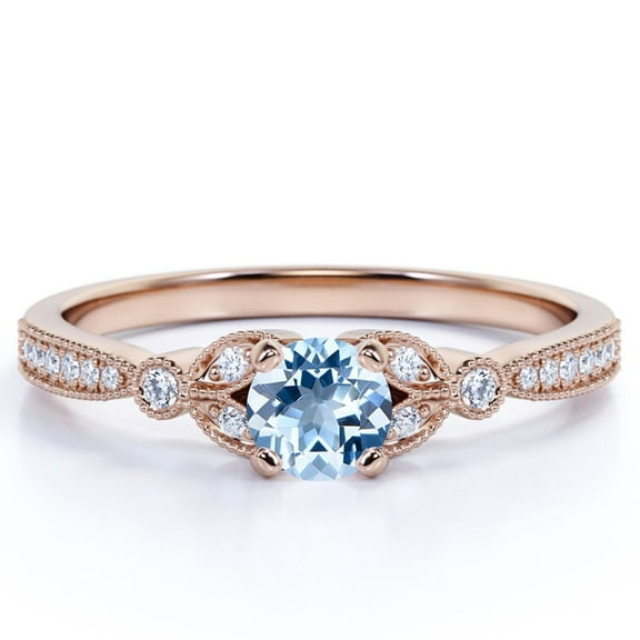 JeenMata Vintage 1 Carat Round Created Aquamarine Engagement Ring in 18k Rose Gold over Silver