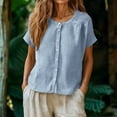 thumbnail image 2 of Women Linen Cotton Blend Button Down Crew Neck Short Sleeve Loose Fit Summer Blouse Top, 2 of 9