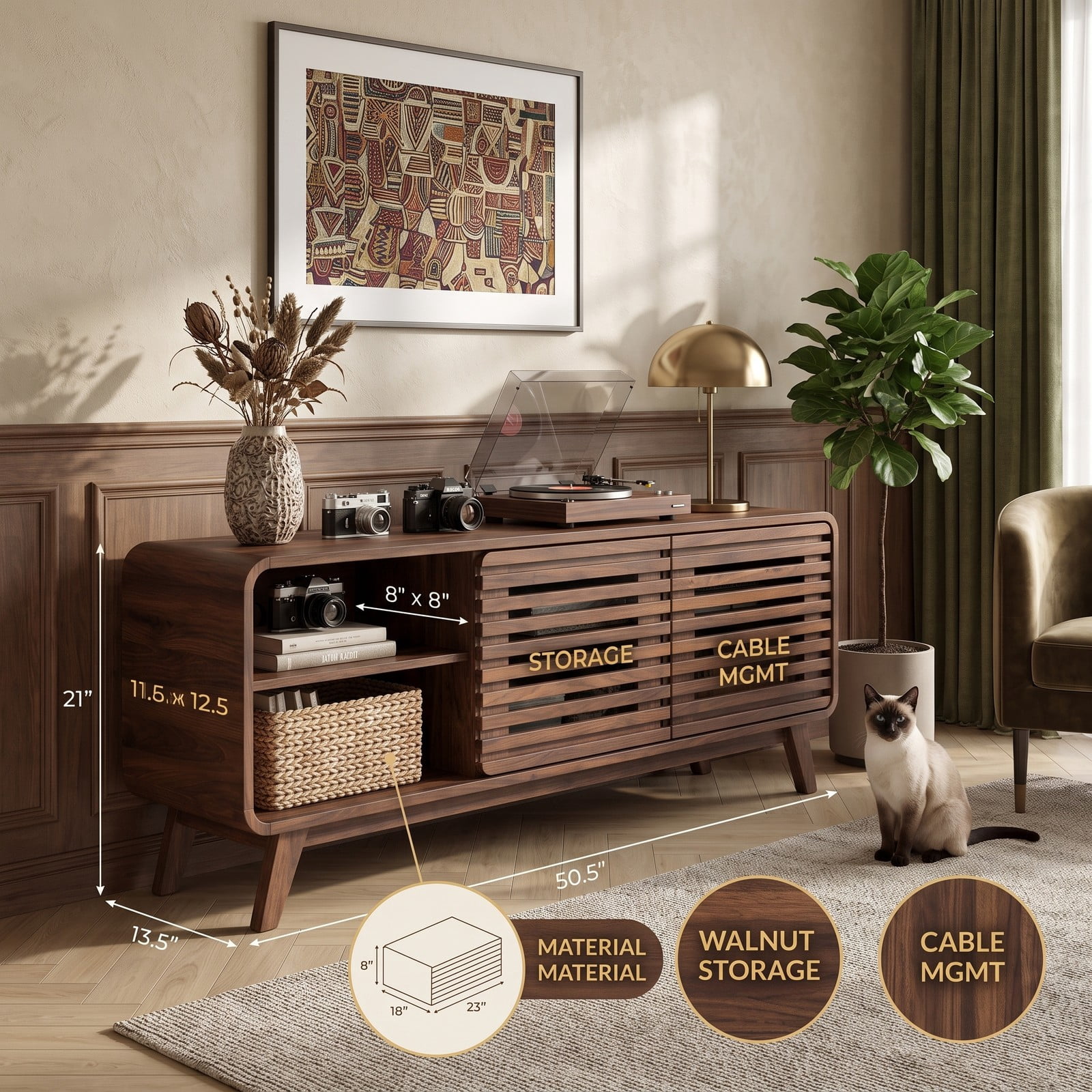 Furnibear Mid Century Modern Entertainment Center, TV Stand for TVs up to 65 Inch with Grille-Style Sliding Doors and 3 Adjustable Shelves, Media Console, Walnut
