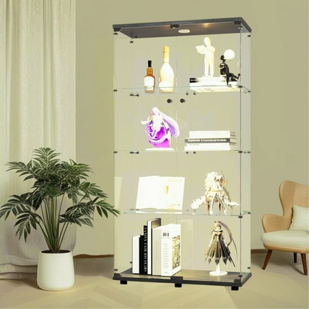 Living Room Cabinets Lighted Two Door Glass Cabinet Glass Display Cabinet with 4 Shelves Black Primary Living Space Cabinets
