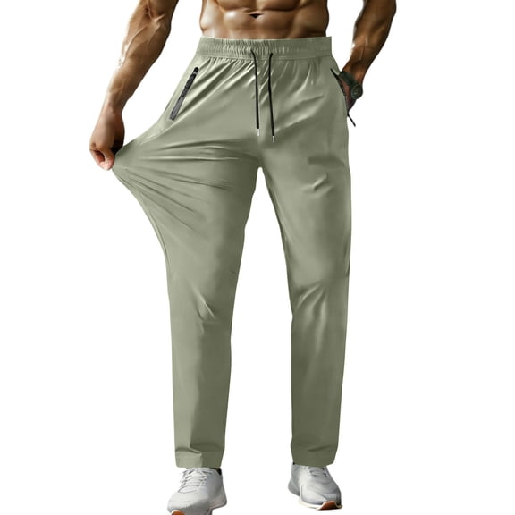Domuza Athletic Pants for Men Lightweight Workout Running Joggers with Zipper Pockets, Stretch Waist & Drawstring Khaki S