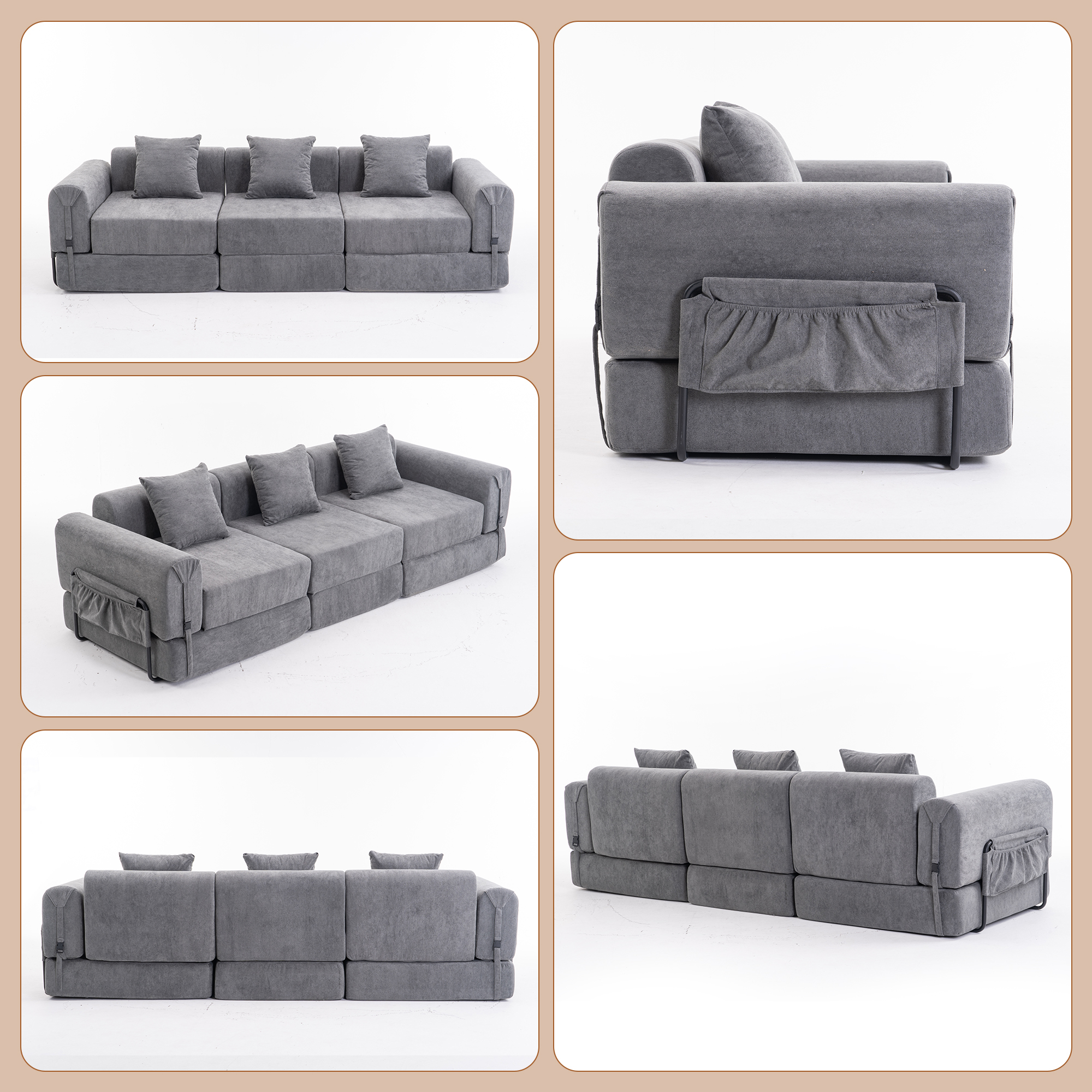 GNIXUU 98.81" Modern Modular Recliner Sofa, Convertible Sleeper Bed,Folding Mattress 3 Seater Couch with Fixed-Shape Frame ,Comfy Lazy Boneless Couches for Living Room Bedroom Lounge,Gray