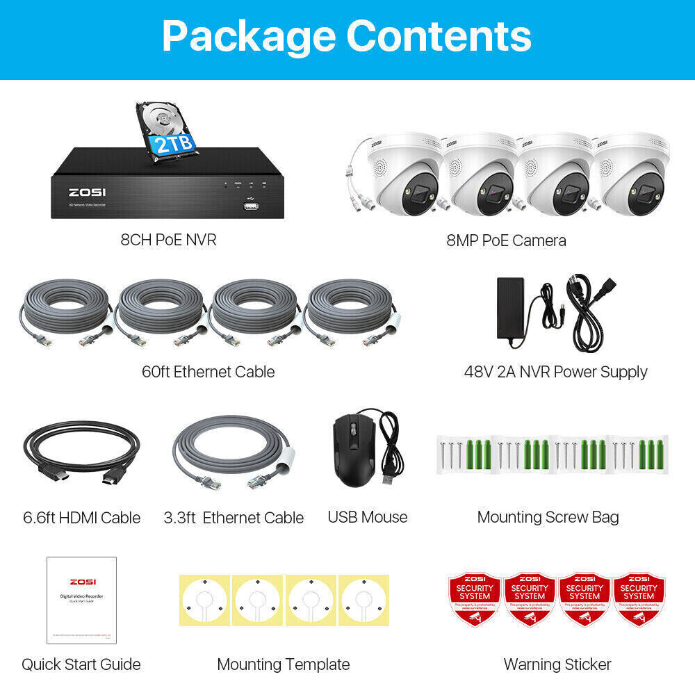ZOSI 4K 8CH PoE Security Camera System With NVR, AI Human Detection & 2TB HDD (6 Cameras)