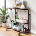 thumbnail image 3 of GZXS Portable Rolling Desk with Charging Station and Wheels, 26.4"-41.5" Height Adjustable Desk, 31.5" Computer Desk with Hooks and Shelves for Home Office, Vintage Brown, 3 of 7