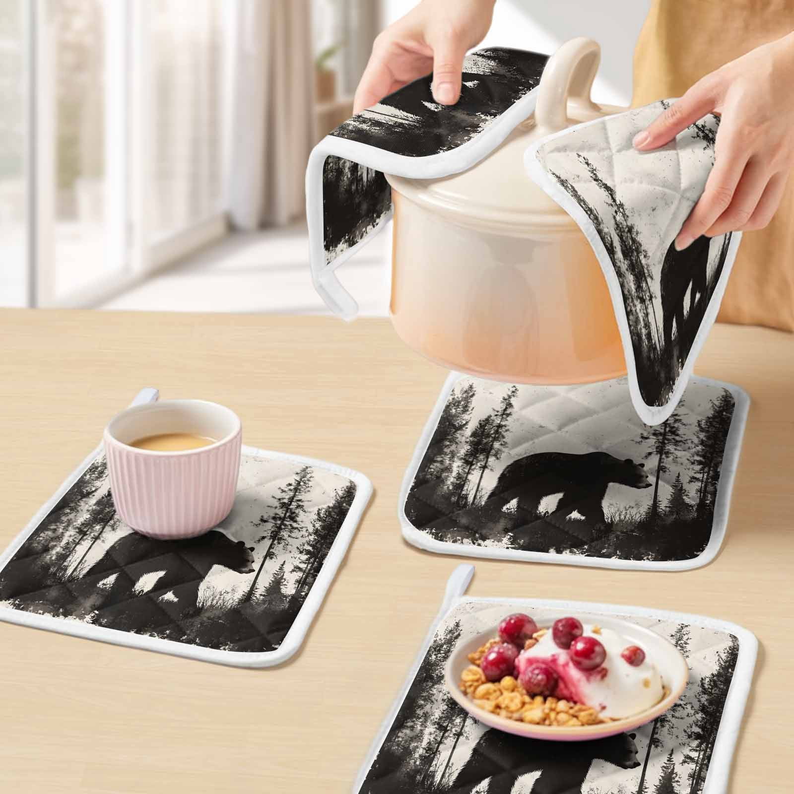 Black Bear Pot Holders for Kitchen Heatproof Potholder, 4 Pack Vintage Forest Cabin Animals Silhouette Hot Pads Multipurpose Oven Pads Cloth Potholders Trivet for Cooking and Baking