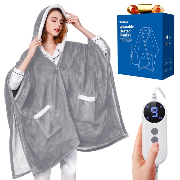 Ocuuziisu Wearable Heated Throw Blanket with Pockets and Hood, 50" x 70" Flannel and Sherpa Electric Wrap, 9 Heating Levels, 10-Hour Auto Shut Off, Machine Washable, Light Gray