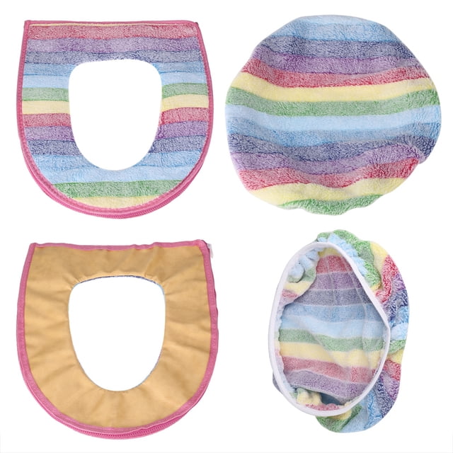 2pcs/set Soft Coral Velvet Toilet Seat Lid Cover Set Rainbow Color Bathroom Decor (Pink Zipper)