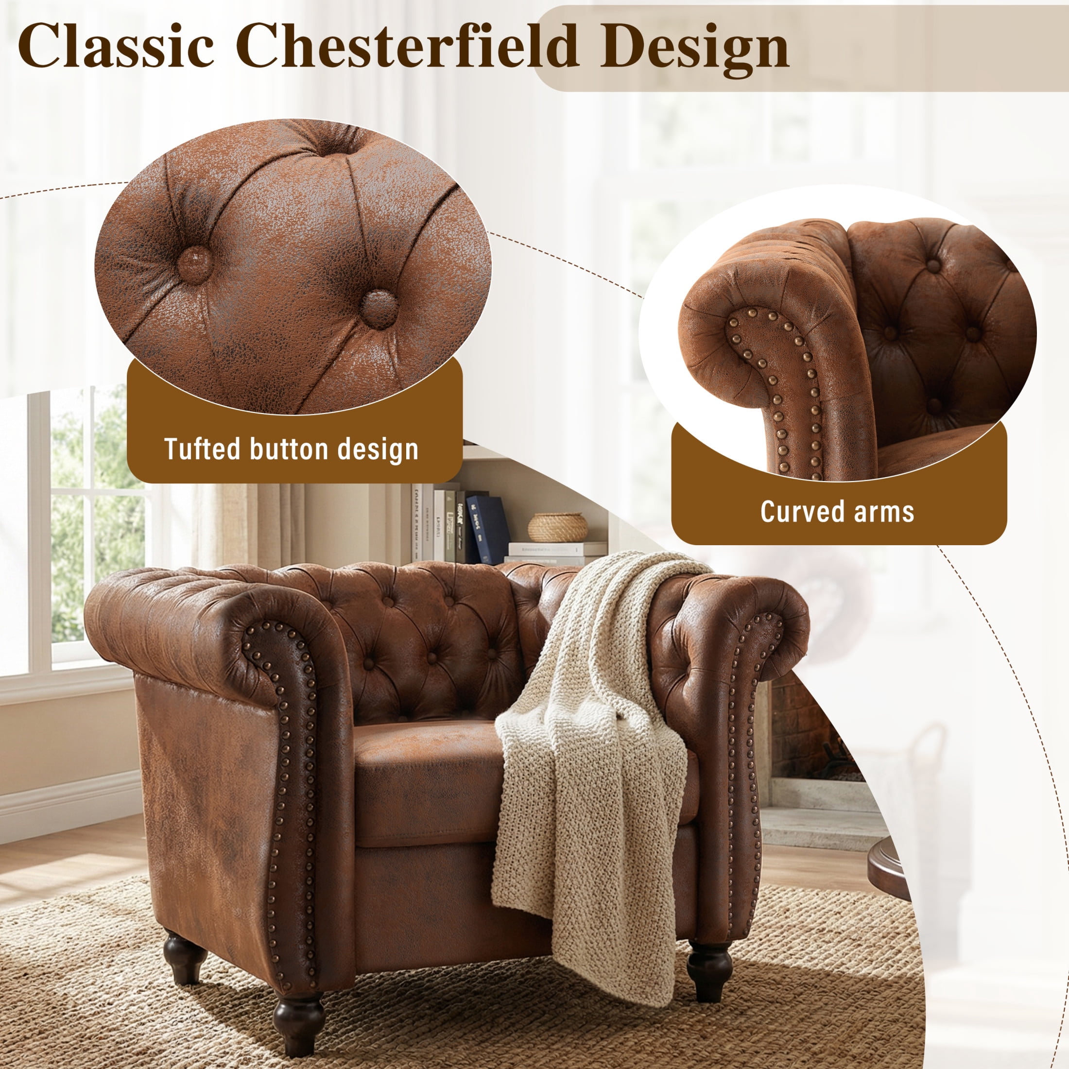 Christopher Knight Home Chesterfield Club Chair with Scrolled Arms and Solid Wood Legs, Brown