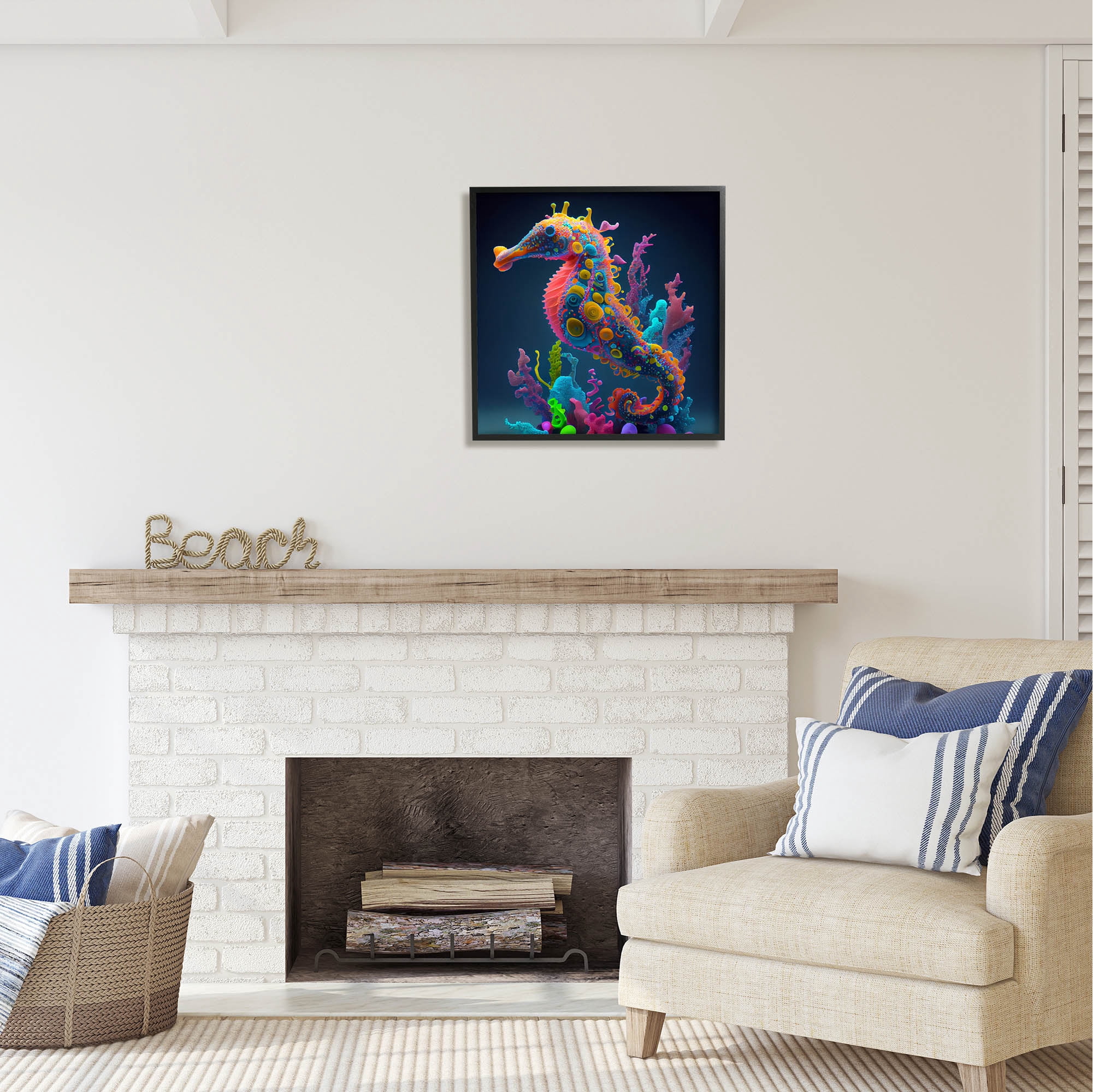 Stupell Industries Abstract Seahorse Vivid Hues Coastal Painting Black Framed Art Print Wall Art
