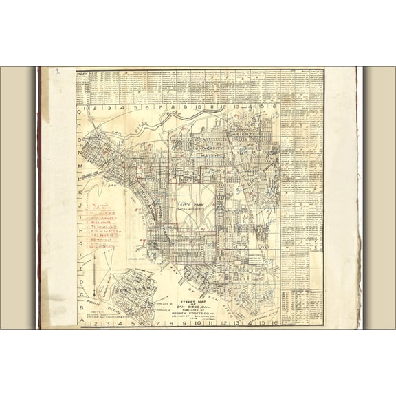 24"x36" Gallery Poster, Street Map of San Diego, California 1911