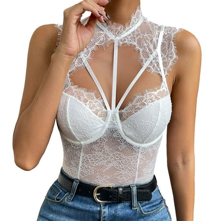 Lovskoo 2024 Women s Cut Out Eyelash Lace Sheer Sleeveless Sleepwear Teddy Mock Neck One Piece Babydoll Bustier Bodysuit White