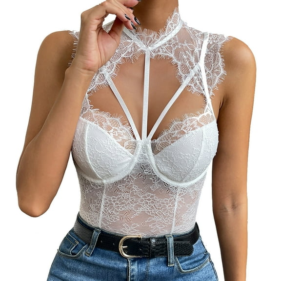 REALiKUN Women Teddy Lingerie Sexy Snap Crotch Lace Bodysuit Halter One Piece Lingerie Top with Underwire Push Up Bra