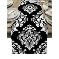 Table Runner Dresser Scarves 72 Inch Long, Classic Black and White Damask Linen Dining Table Runners Vintage Ethnic Floral Art Tabletop Scarf for Wedding Holiday Party Kitchen