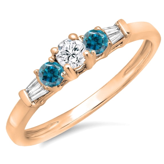 0.45 Carat (ctw) 18K Rose Gold Round & Baguette Cut White & Blue Diamond Ladies 3 Stone Engagement Bridal Ring