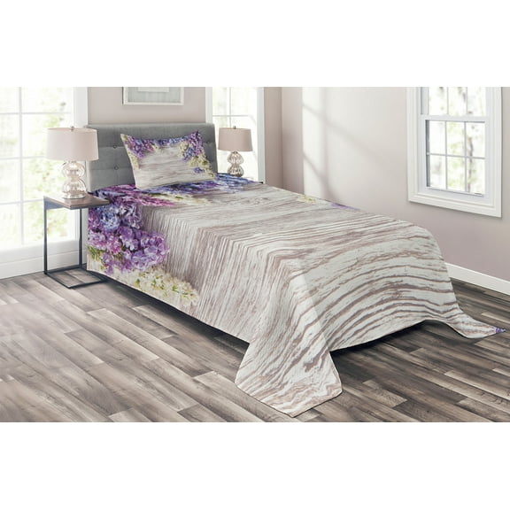 Ambesonne Rustic Quilted Coverlet 2 Pcs, Lilac Flowers Bouquet, Twin Size, Lilac Violet Dark Taupe