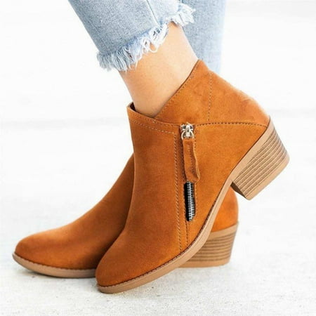 

Ladies Fashion Closed Toe Ankle Bootie Block Heel Vintage Side Zip Pointed Toe Chunky Heel Slip On Boot Shoes